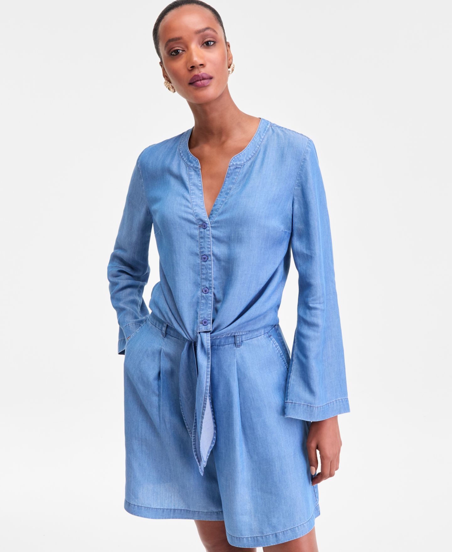 Женский топ I.N.C. International Concepts Long-Sleeve Tie-Front Top, цвет: Средний индиго — фото 1