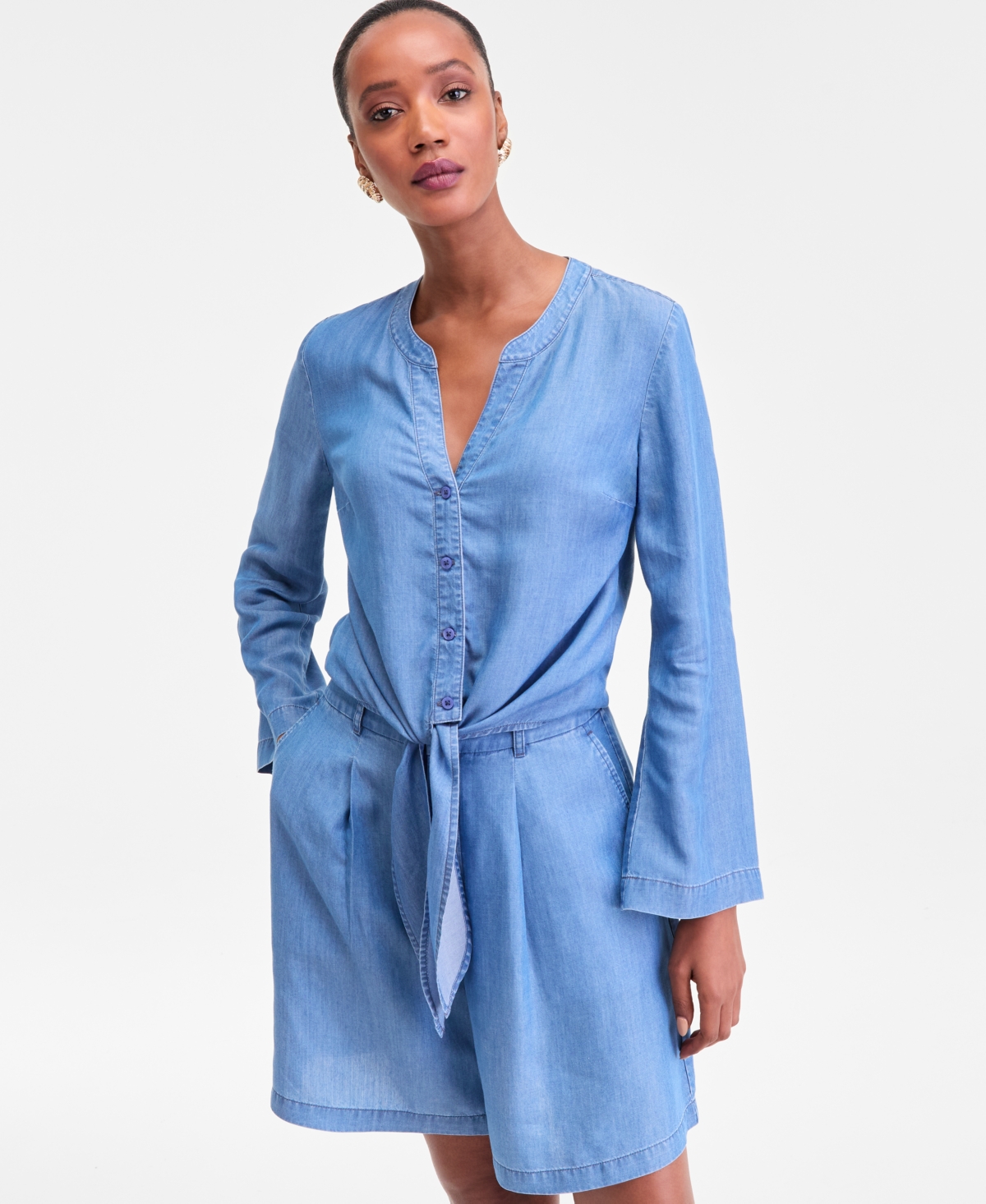 I.n.c. International Concepts Women's Chambray Long-Sleeve Tie-Front Top, Macy's Exclusive
