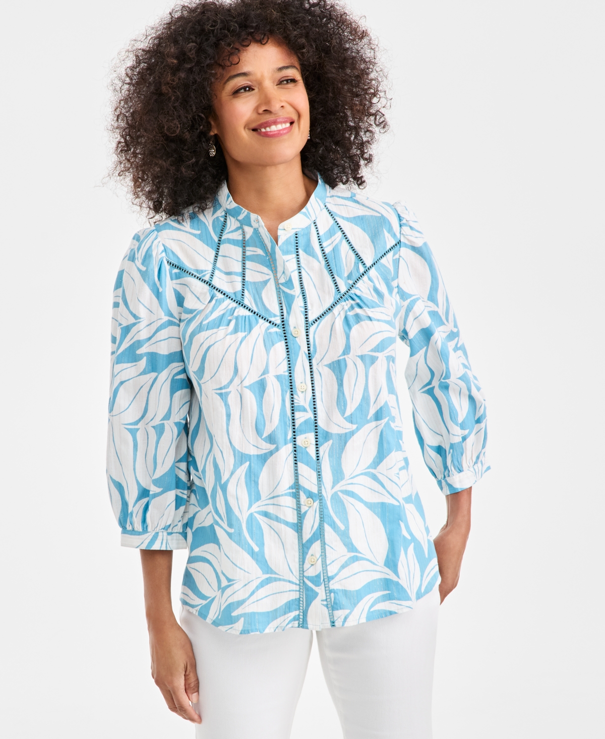 Style & Co Women's Tonal-Stripe Ladder-Stitched Shirt, Macy's Exclusive