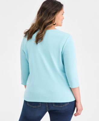 Plus Size Cotton V-Neck 3/4-Sleeve Top
