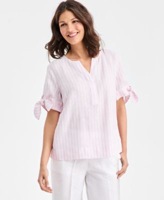 Women's 100% Linen Tie-Cuff Split-Neck Top