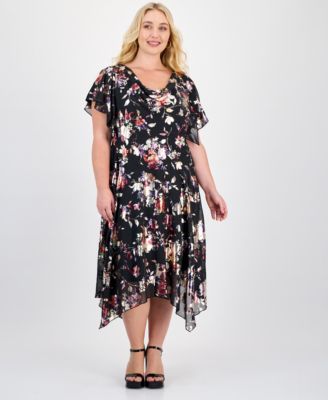 Robbie Bee - Plus Size Foil-Print Handkerchief-Hem Dress