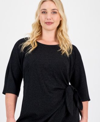 Plus Size Glitter-Knit 3/4-Sleeve Sarong Dress