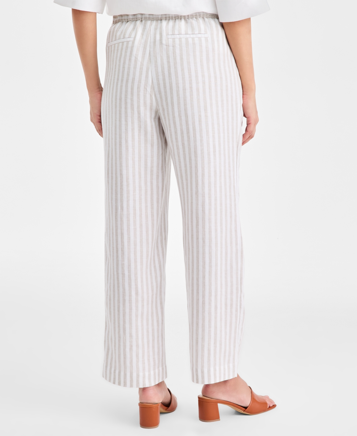 Charter Club Petite Multi-stripe Full Length Linen Pants, Macy's Exclusive In White