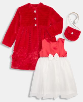 Girls' 2T-6X Rosette-Embellished Coat, Dress and Purse, 3-Piece Set