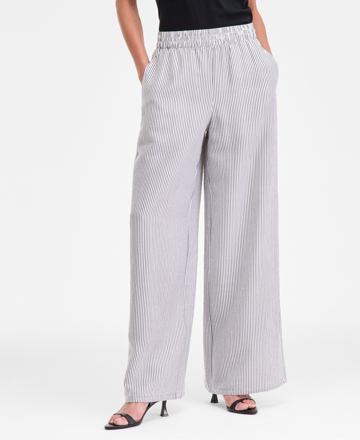 Inc International Concepts Women's Striped Pull-on Wide-leg Pants, Macy's Exclusive In White