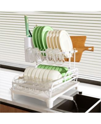 2-Tier Collapsible Multi-Functional Dish Drying Rack with Cutlery Box and Cup Holder