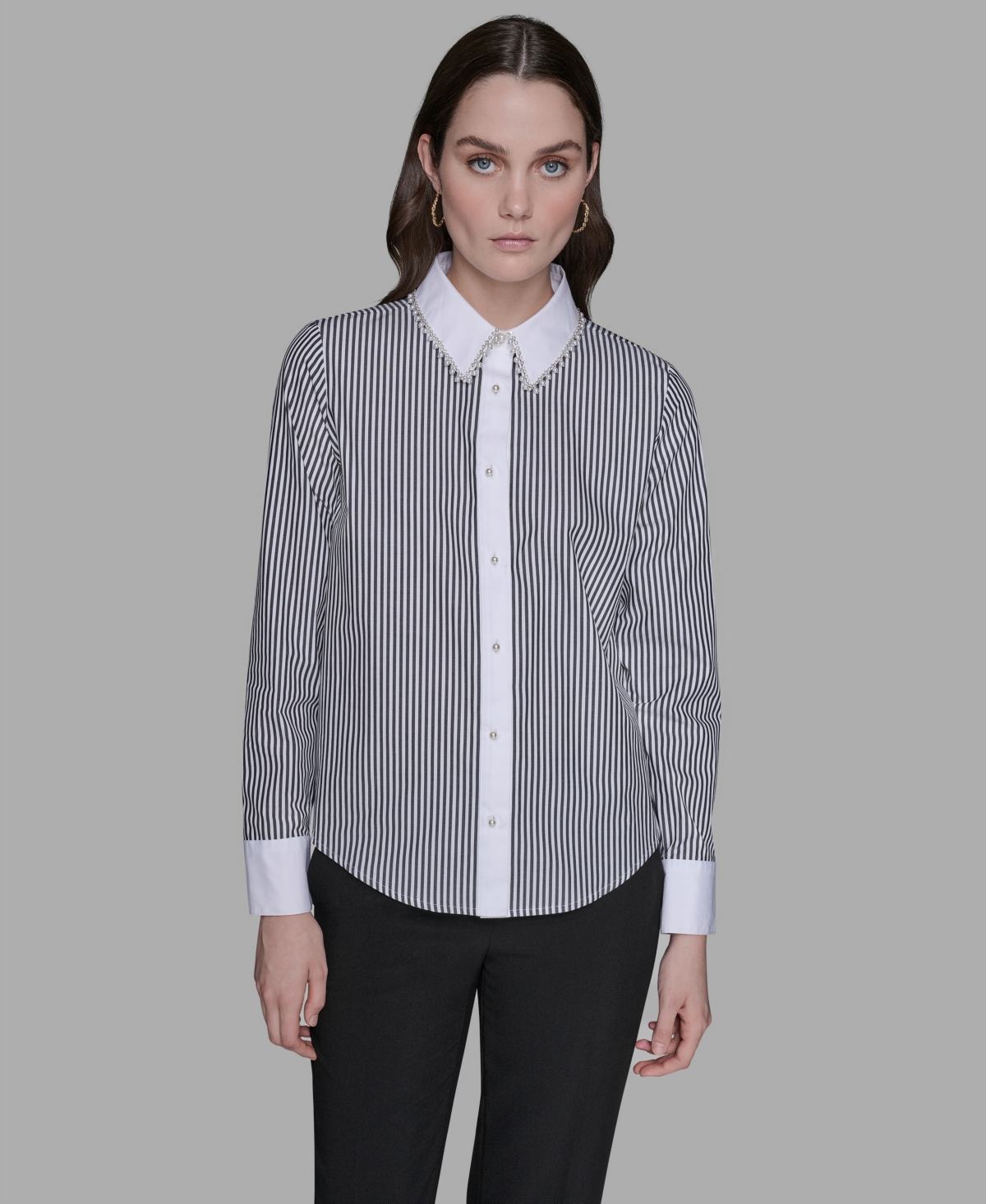 Karl Lagerfeld Paris Women's Embellished Collar Long Sleeve Top