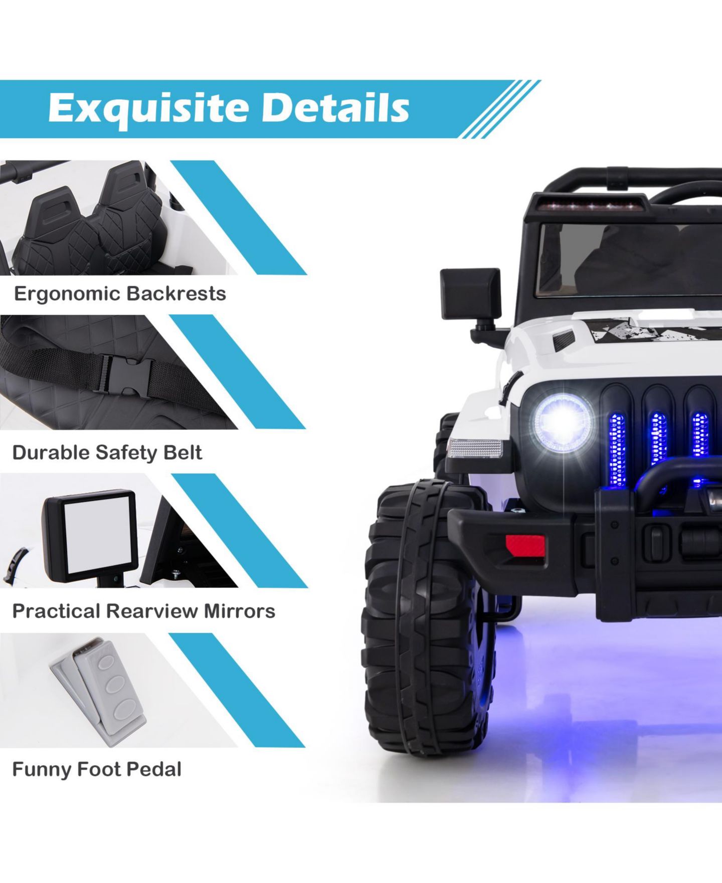 Детская игрушка HONGGE 12V Ride-On Jeep with Remote Control and LED Headlights, Ages 3+, цвет: Белый — фото 9