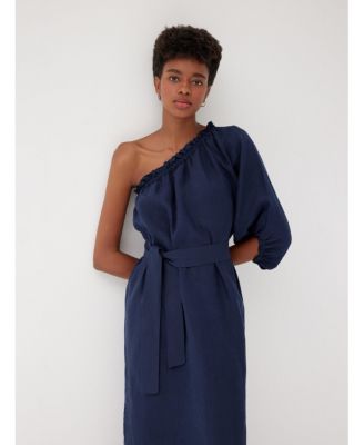 Women's Sardinia Navy Linen One Shoulder Dress