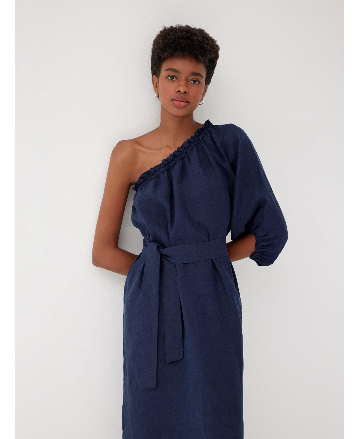 Labeca London Us Women's Sardinia Navy Linen One Shoulder Dress - m-l / Navy