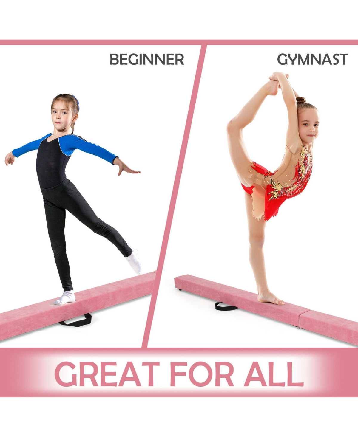 7 Ft Folding Floor Balance Beam with Handles for Gymnastics Training, Pink