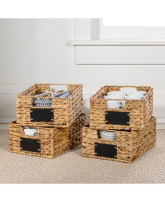 12" Hand-Woven Hyacinth Pantry Baskets with Chalkboard Labels and Handles (Set of 4)