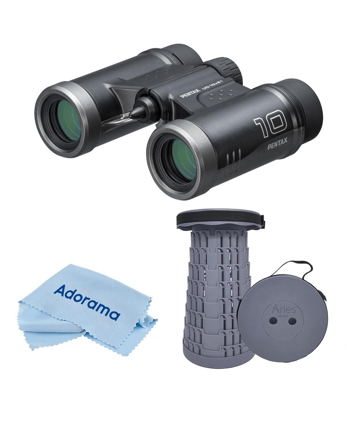 Pentax 10x21 Ud Weather Resistant Roof Prism Binocular, 5.4 Degree Angle View, Black, Bundle with Portable Telescoping Stool/Chair, Cleaning Cloth
