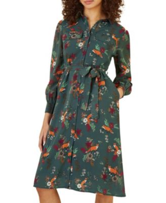 Women's Fox Print Shirt Midi Dress