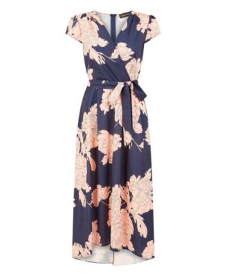 Women's Blossom Print Dipped Hem Wrap Midi Dress