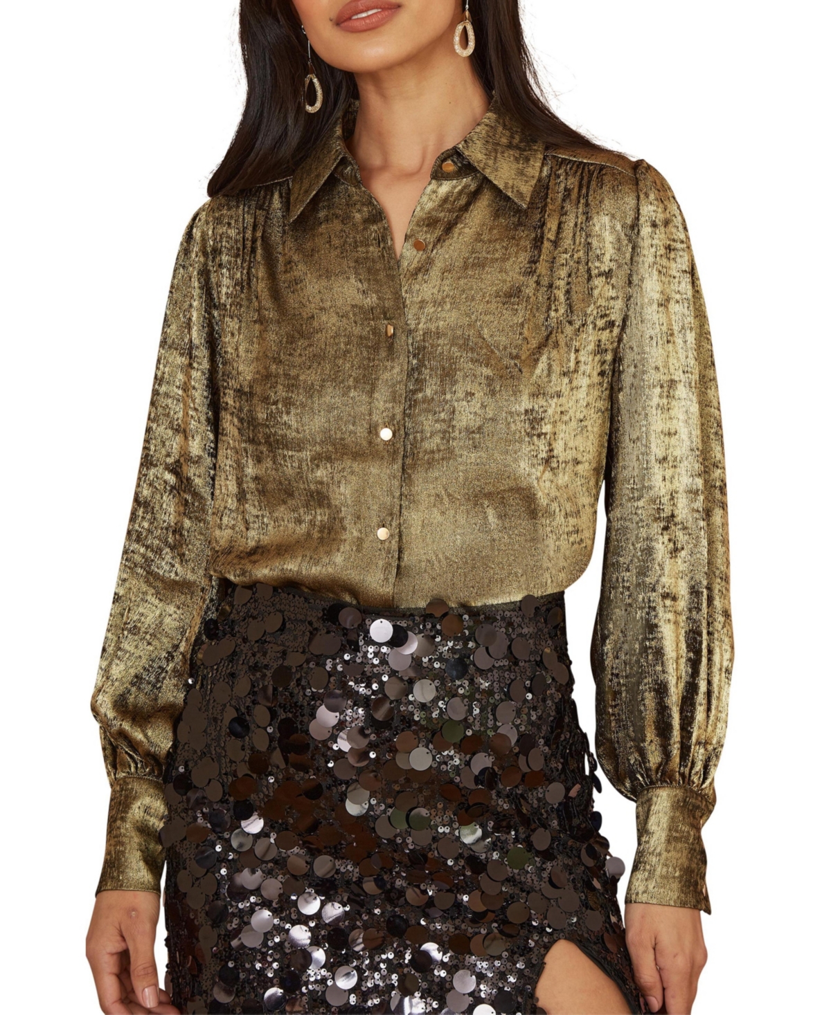 Yumi Women's Metallic Relaxed Balloon Sleeve Shirt