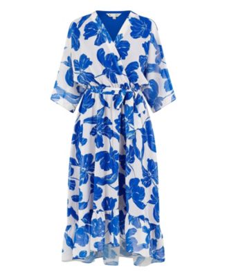 Women's Kimono Sleeves Midi Dip Hem Wrap Dress