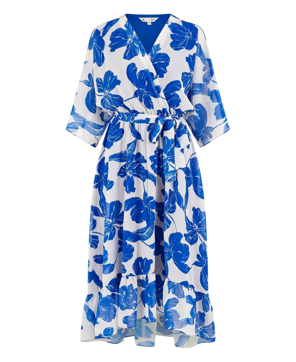 Yumi Women's Kimono Sleeves Midi Dip Hem Wrap Dress