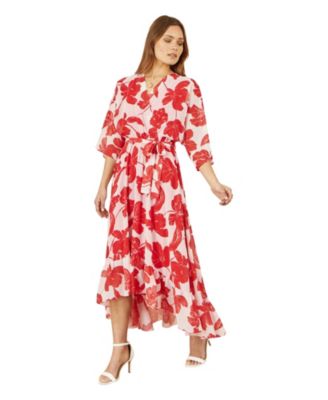 Women's Kimono Sleeves Midi Dip Hem Wrap Dress