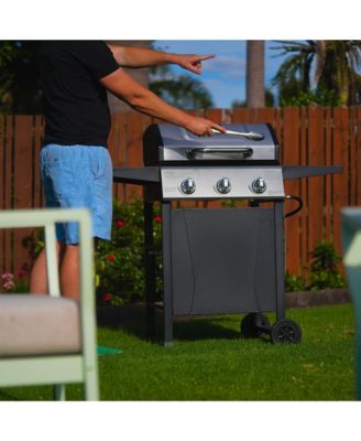27,000 BTU 3 Burner Propane Gas Grill w/Wheels, Cover, & Side Shelves