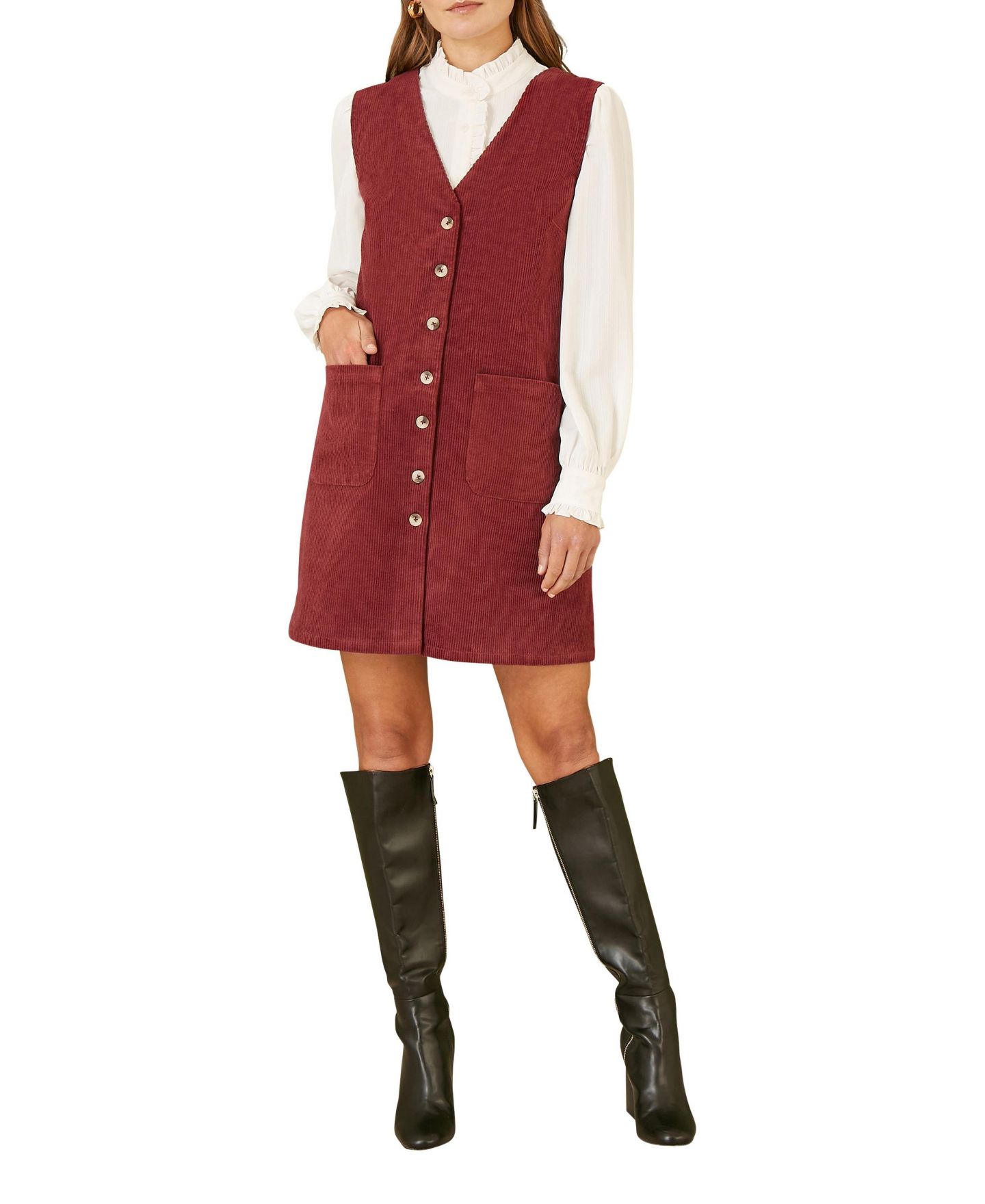 Женское платье Yumi V-Neck Cord Pinafore, цвет: Бордовый — фото 5