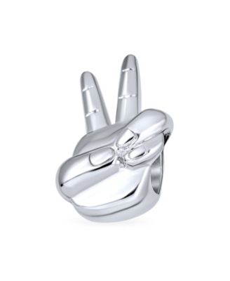 Set of 2 Hippie Peace & Good Luck Hand Sign Fingers Crossed Charm Bead Sterling Silver for Bracelets