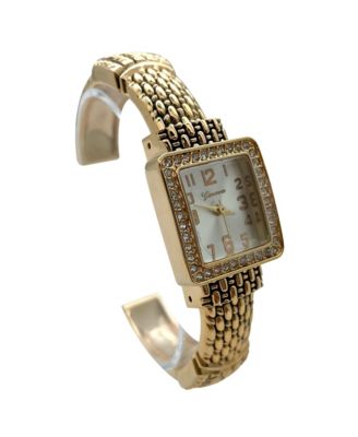 Elegant Detailed Band Square Face Bangle Women Watch, Gold