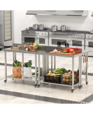 48"x18" 304 Stainless Steel Backsplash, 2 Shelves, Knife Blocks, Locking Wheels Commercial Prep Table