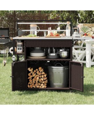 60" 1-Pc. Outdoor Bar Cart with Rattan Storage Cabinet and Steel Frame
