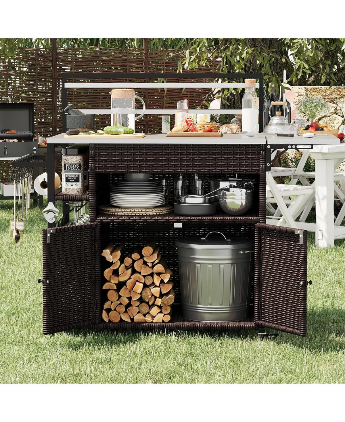 Aecojoy Upgrade Outdoor Bar Cart with Rattan Storage Cabinet