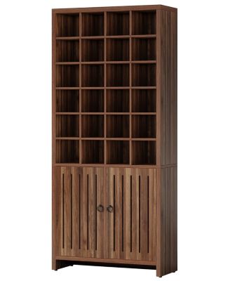 Tall Shoe Storage Cabinet with Doors, Farmhouse Wooden Shoe Rack with 24 Cubbies & 3 Hidden Shelves
