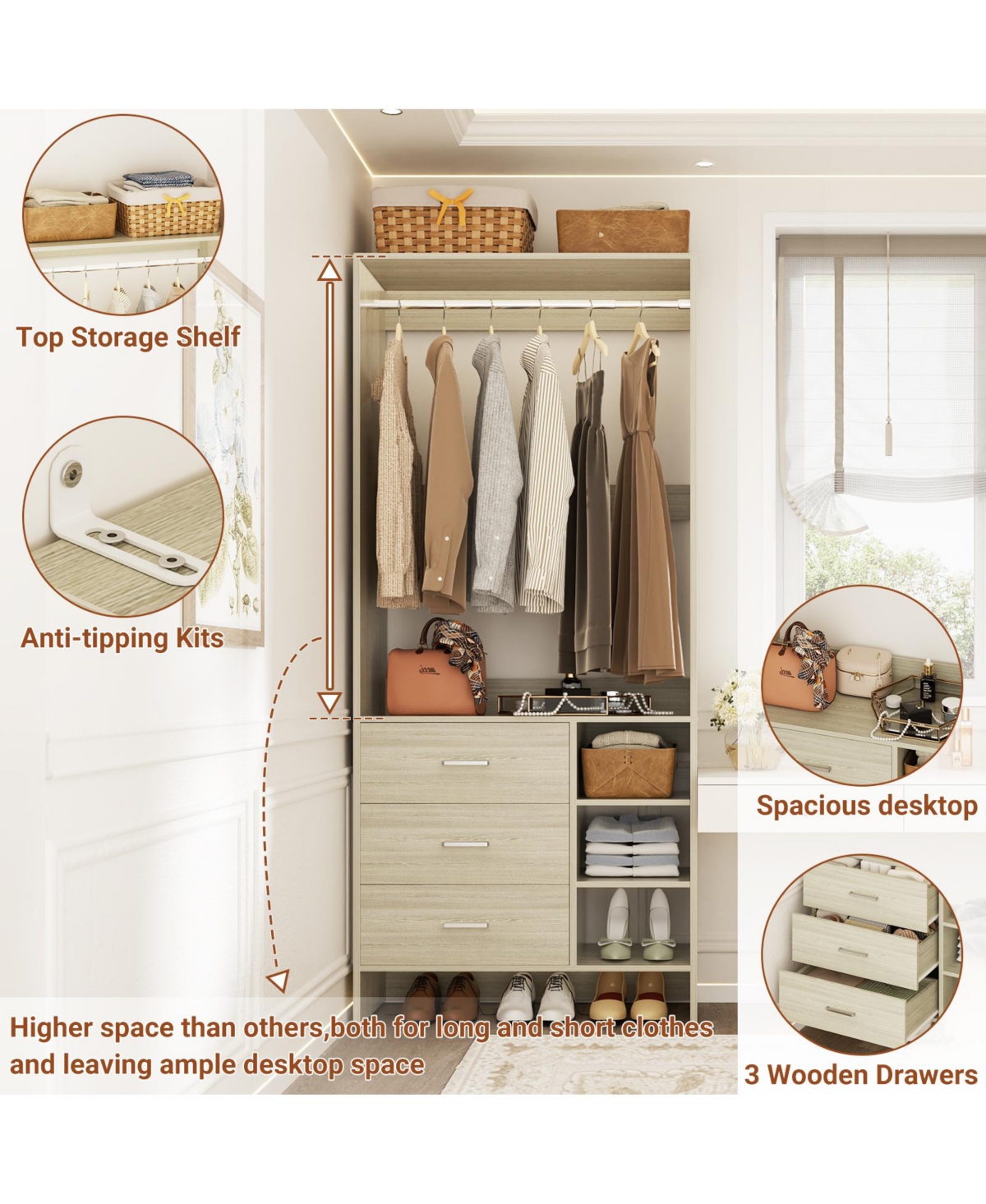 30" Freestanding Closet Organizer with Hanging Rods and Drawers, Closet System with Storage Shelves