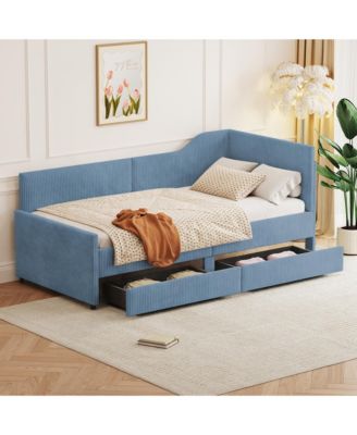 win Size L-Shaped Corduroy Daybed,Upholstered Bed Frame with 2 Storage Drawers