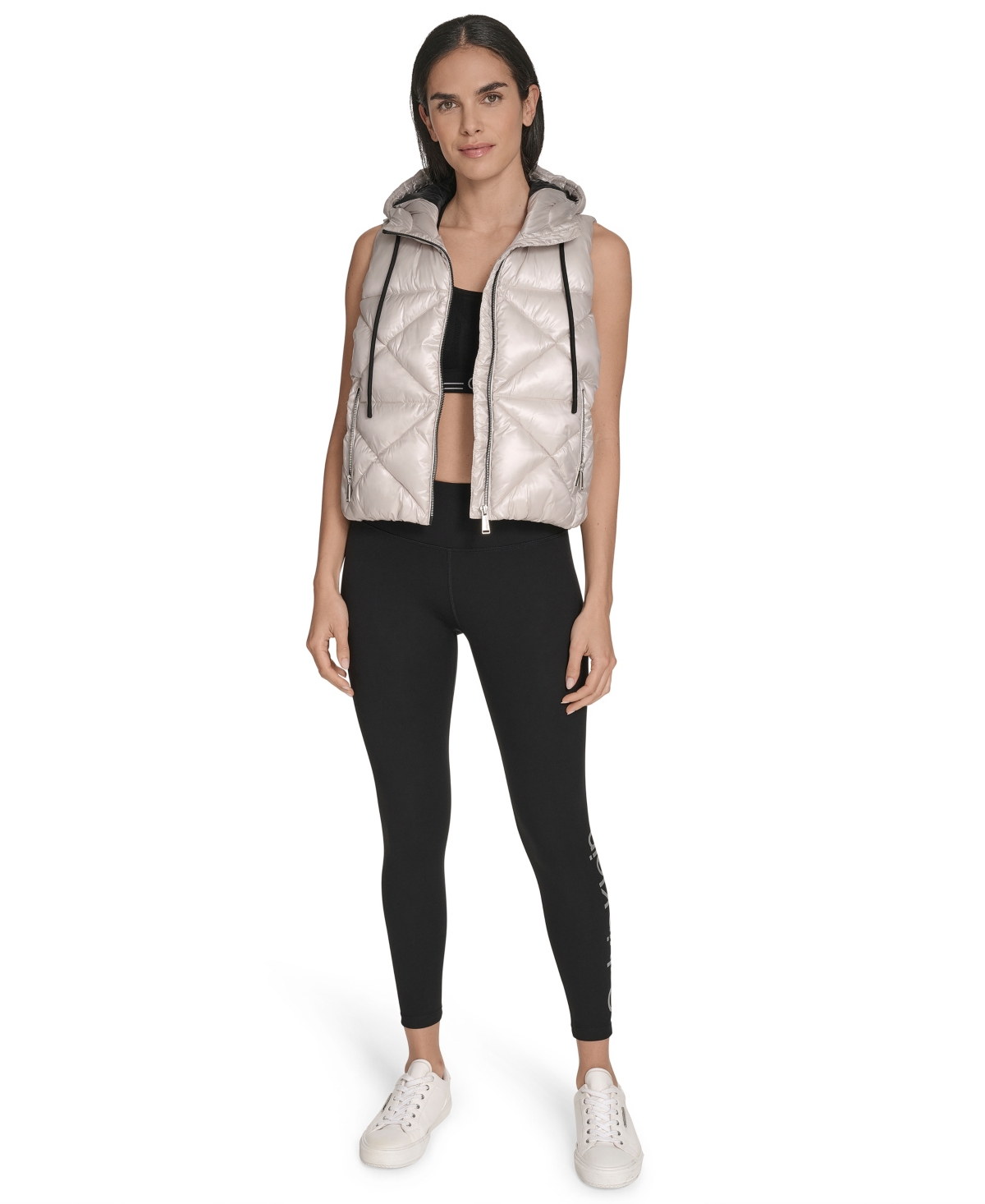 Calvin Klein Women's Performance Diamond Quilt Hooded Puffer Vest In Gray