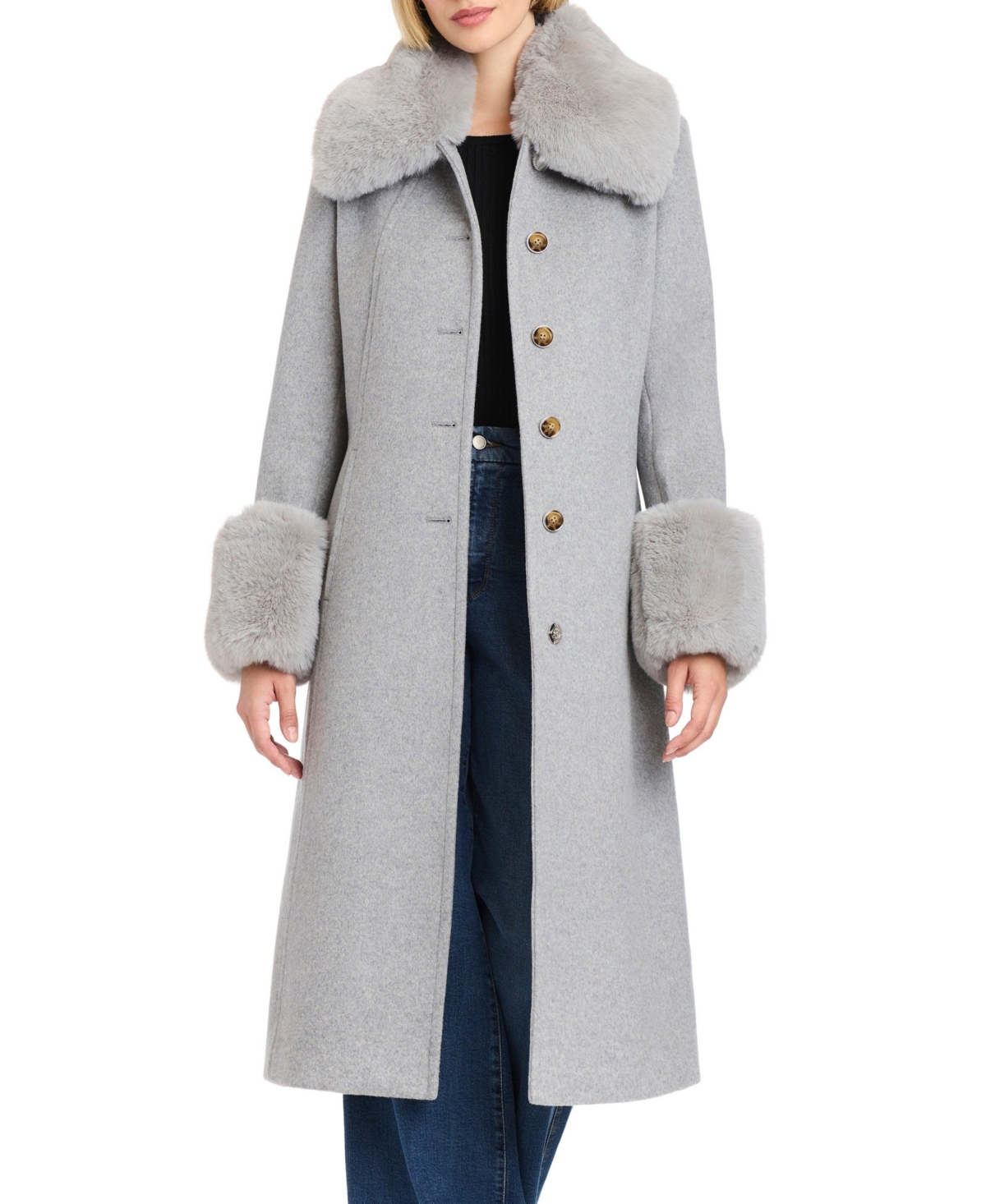 Vince Camuto Wool Blend Coat With Removable Faux Fur Collar And Cuffs In Gray