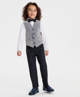 Nautica - Toddler & Little Boys Grey Velvet Vest, Shirt, Bow Tie & Plaid Pants Set
