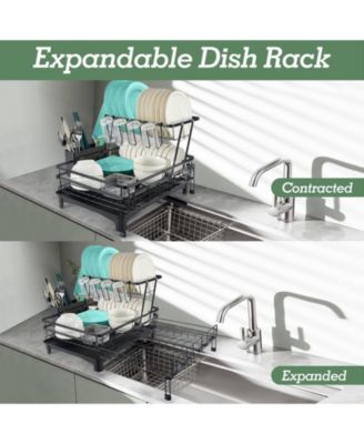 2-Tier Collapsible Expandable Dish Rack with Swivel Drain Spout and Rust-Resistant Stainless Steel Frame
