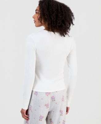 Juniors' Ribbed Long-Sleeve Embroidered Top