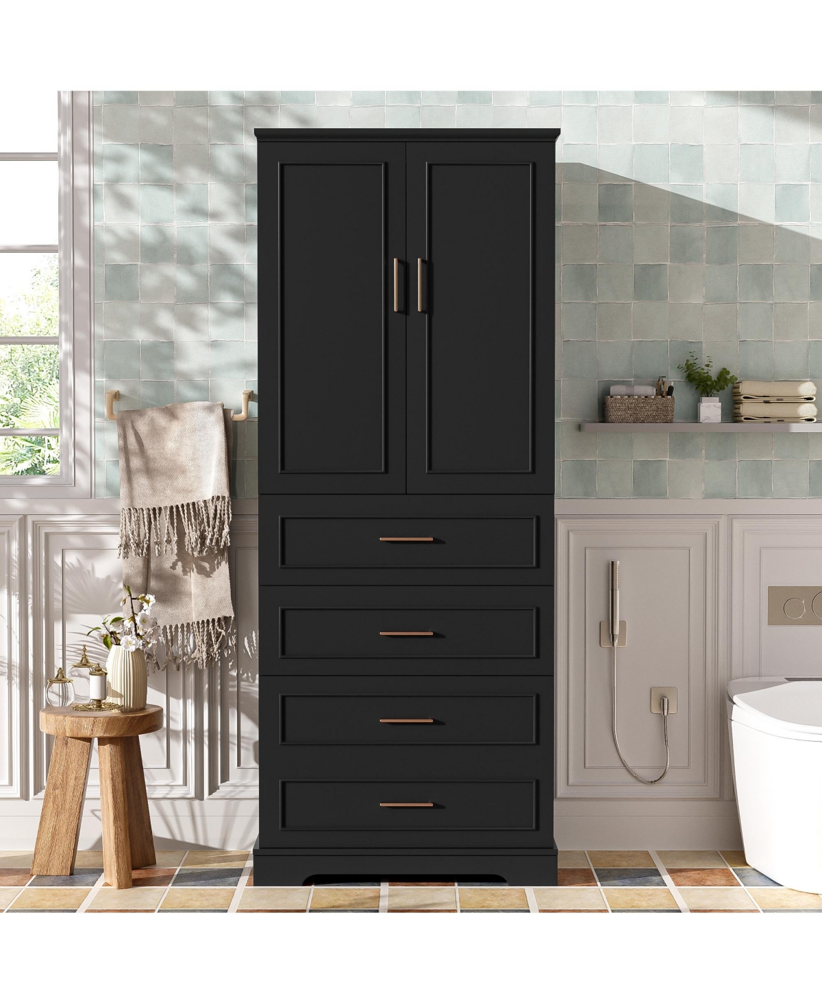 Lovmor 72inch Tall Freestanding Bathroom Cabinet with 3 Drawers Partitioned Standard Deep Adjustable Shelf Modern Elegant Style Soft Close Doors