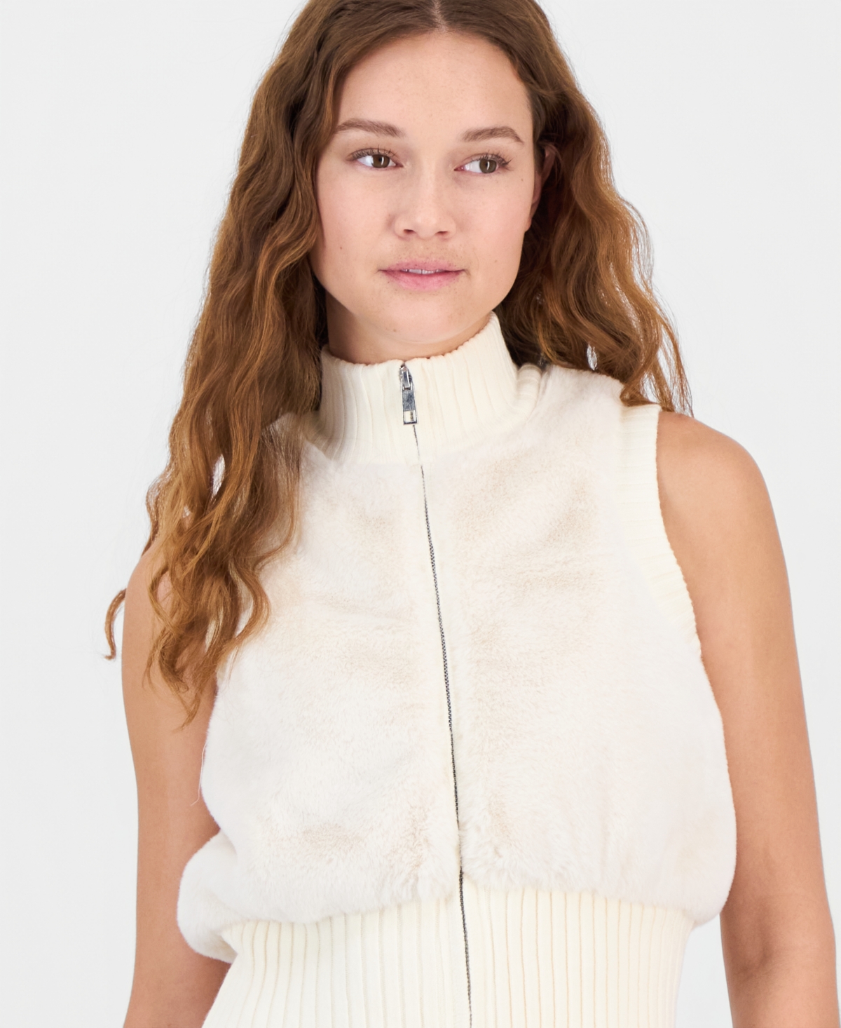 Planet Heart Juniors' Mock-neck Faux-fur Vest In White