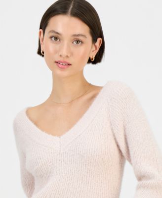 Juniors' V-Neck Metallic Eyelash Long-Sleeve Sweater