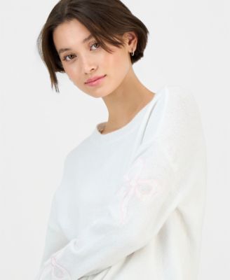Juniors' Long-Sleeve Drop-Shoulder Lace Bow Crewneck Sweater
