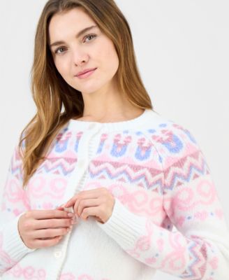 Juniors' Bow Fair Isle Cardigan Sweater