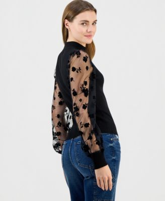 Juniors' Mock-Neck Mesh Floral Flocked-Sleeve Top