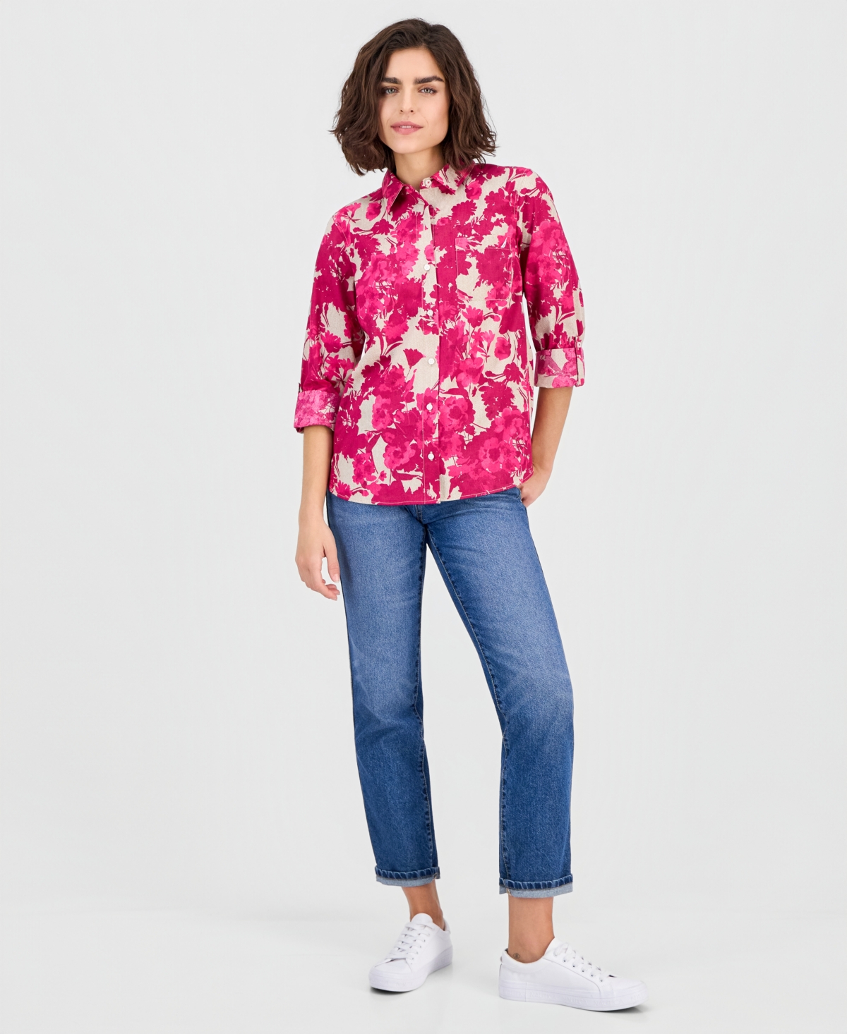 Nautica Jeans Women's Festival Floral Roll-Tab Cotton Shirt