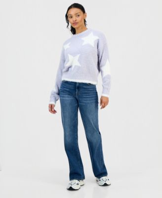 Juniors' Crewneck Long-Sleeve Eyelash Sweater 