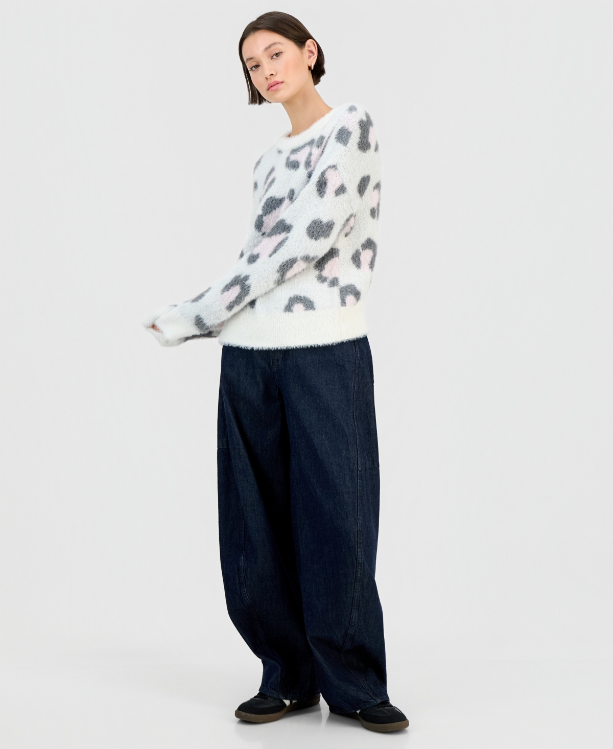 Hooked Up by Iot Juniors' Crewneck Animal-Graphic Eyelash Sweater