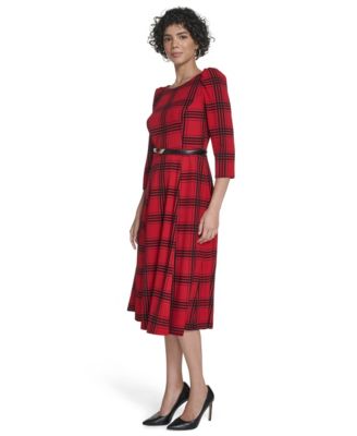 Women's 3/4-Sleeve Plaid Midi Dress