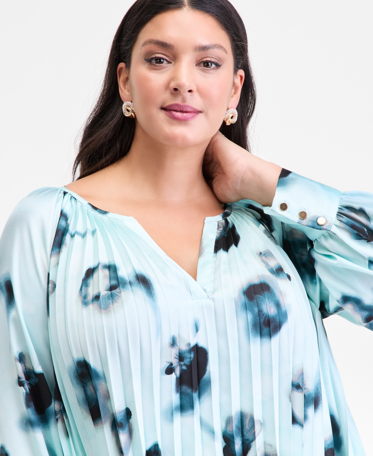 I.n.c. International Concepts Plus Printed Pleated Split-Neck Blouse, Macy's Exclusive